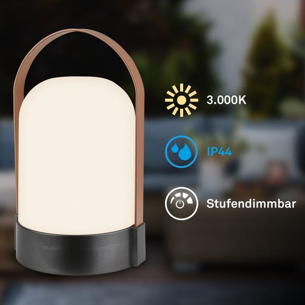 Tragbare LED-Tischleuchte mit Tragebügel, warmweißem Licht 3000 Kelvin, IP44 Spritzwasserschutz und stufenweiser Dimmfunktion.