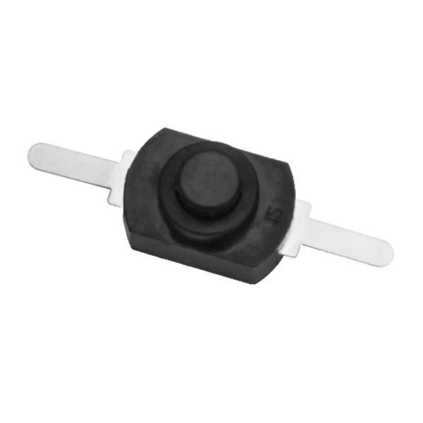 Miniatur-Drucktastenschalter mit schwarzem Gehäuse und zwei Metallanschlüssen.