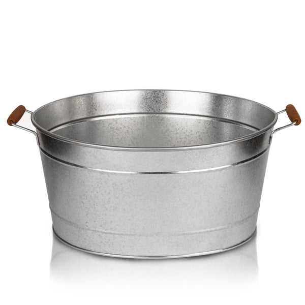 BigDean XXL Zinkwanne - groß + wasserdicht  Ø 50cm x 28 cm H - Gartenteich, Miniteich, Blumenwanne, Pflanzschale, Getränkekühler, Eiskübel oval mit stabilen Holzgriffen zum Bepflanzen und Befüllen