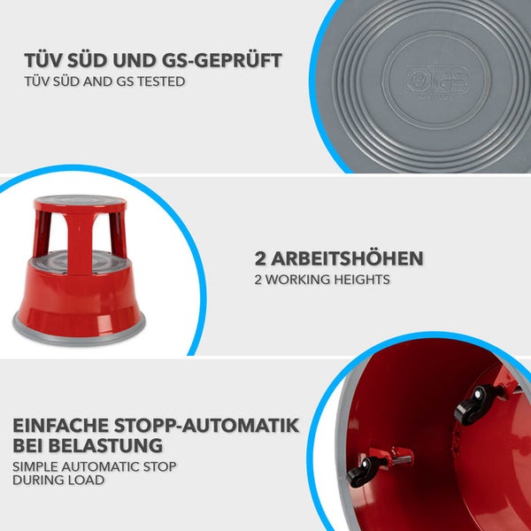 FLOORDIREKT Rollhocker - Elefantenfuß - aus Stahl - Mobiler Tritthocker - Sitzmöglichkeit für Büro und Gewerbe - Rot