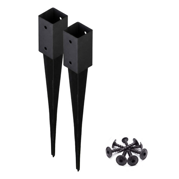 Zwei quadratische Einschlagbodenhülsen aus Metall in Schwarz inklusive Schrauben.