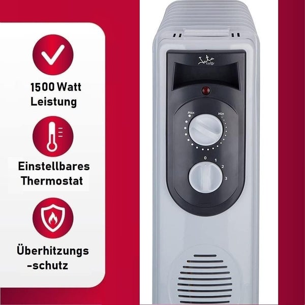 JUNG JATA R107 Heizung Elektrisch mit Thermostat, 7 Lamellen, Ölradiator 1500 Watt Energiesparend, mobile Elektroheizung für Räume bis 20qm, Elektrische Heizgerät Mobil