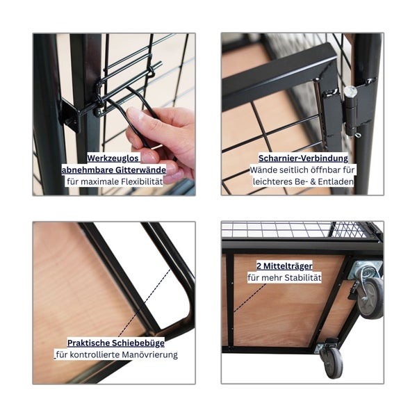 Detailansichten eines Transportwagens, die werkzeuglose abnehmbare Gitterwände, eine Scharnierverbindung, eine Schiebebügel und zwei Mittelträger zeigen.