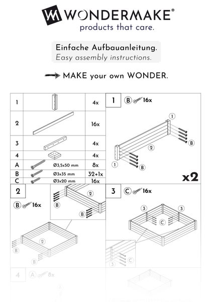 WONDERMAKE - Große Hochbeet-Umrandung aus Holz für Garten Terrasse, Pflanzbeet Bausatz XL quadratisch, Blumenbeet Kräuterbeet Beetumrandung niedrig deko, 120 x 120 x 26,5 cm, weiß grau anthrazit