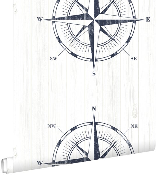 ESTAhome Tapete Kompassrose auf Altholz Dunkelblau und Weiß - 0,53 x 10,05 m - 138975