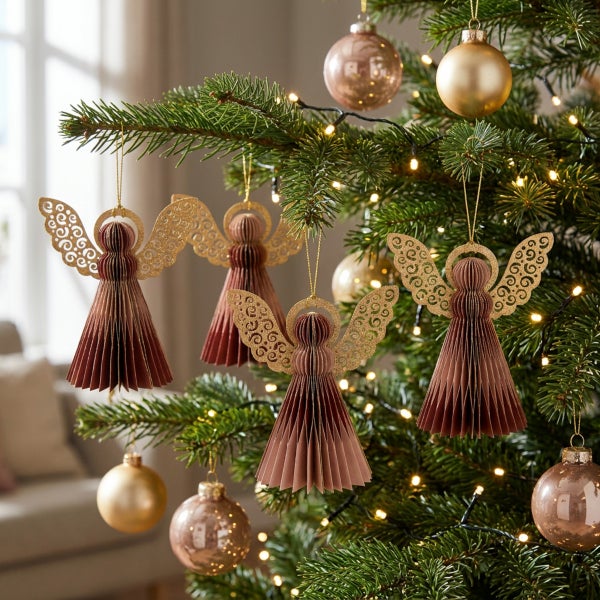 Weihnachtsbaum mit Anhängern aus Papier in Engelform und glänzenden Weihnachtskugeln in Goldtönen