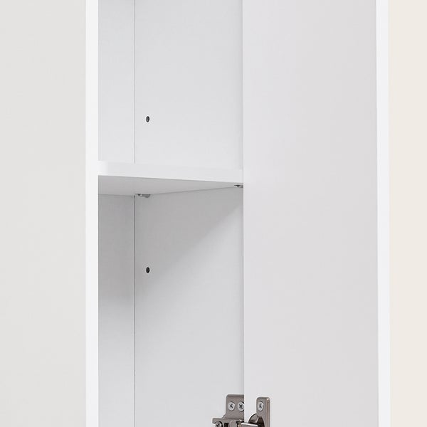 Detailansicht eines weißen Badezimmerschranks mit Regalböden und Scharnieren