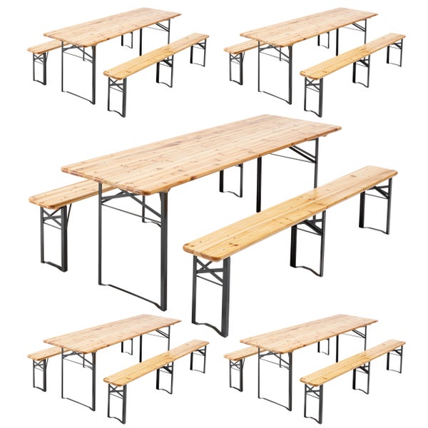 Bierzeltgarnitur aus Holz mit schwarzem Metallgestell, bestehend aus einem Tisch und zwei Bänken.