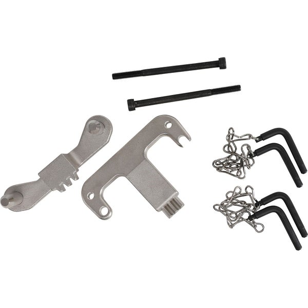 Spezialwerkzeug-Set aus Metall für Motorarbeiten mit Fixierdornen, Halteketten und Arretierwerkzeugen.