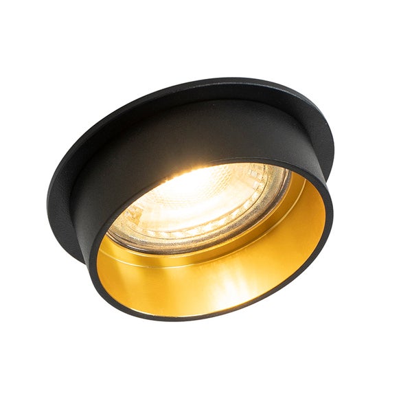 Einbaustrahler rund mit schwarzem Gehäuse und goldener Innenseite inklusive leuchtendem Leuchtmittel.
