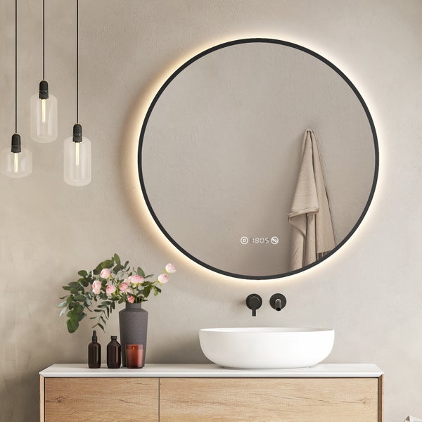 EMKE LED Badezimmer Spiegel mit Beleuchtung rund Ø 80 cm, Touchdimmer, neutralweiß, Memoryfunktion, Spiegelheizung, Uhr & Temperaturanzeige