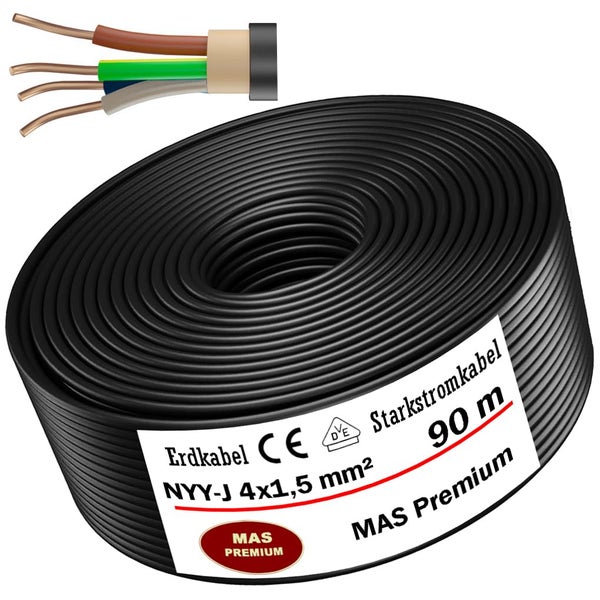 Erdkabel NYY-J 4x1,5 Quadratmillimeter, 90 Meter Rolle, MAS Premium Starkstromkabel mit vier Kupferadern.
