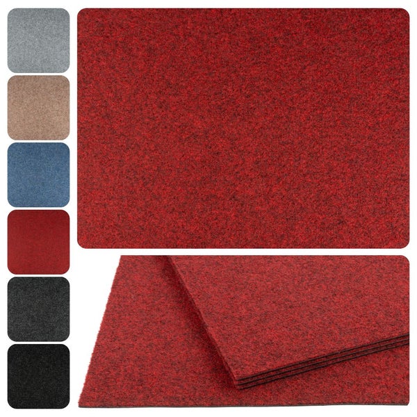 Nadelfilz-Bodenbelag in verschiedenen Farben mit Detailansicht der Materialstruktur.