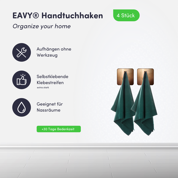 EAVY Handtuchhaken 4 Stück, selbstklebend, Montage ohne Werkzeug, geeignet für Nassräume, quadratisch.