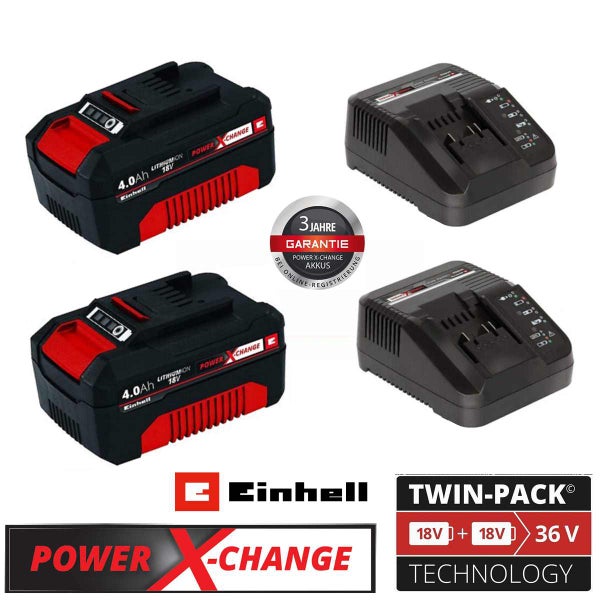 Einhell Power X-Change Set mit zwei 18 Volt 4,0 Amperestunden Akkus, zwei Ladegeräten, drei Jahre Garantie, Einhell Logo und Power X-Change Logo.