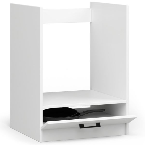 Küchenoberschrank mit offener Ablage und einer Pfanne im Auszug