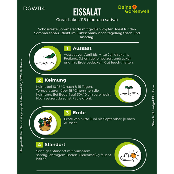 Infokarte für Eissalat Great Lakes 118 von Deine Gartenwelt Logo mit Informationen zu Aussaat, Keimung, Ernte und Standort.