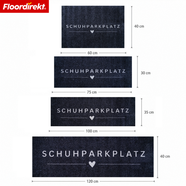 Floordirekt Logo. Fußmatten mit Aufdruck Schuhparkplatz und Herz in den Maßen 60 mal 40, 75 mal 30, 100 mal 35 und 120 mal 40 Zentimeter.