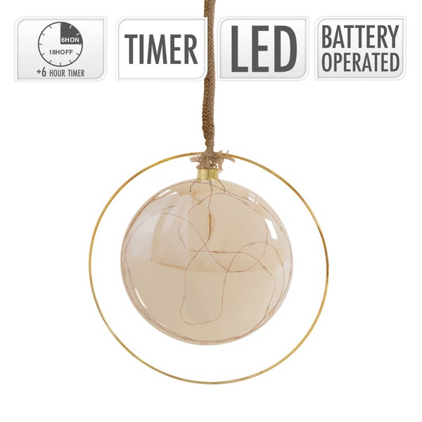 ECD Germany LED-Weihnachtskugel Ø15 cm, 30 LEDs Warmweiß, 80 cm Seil, Deko Leuchtkugel zum Hängen, Gold, Glaskugel mit Beleuchtung & Metallring, batteriebetrieb + Timer, Innen, Kugel Weihnachtsdeko