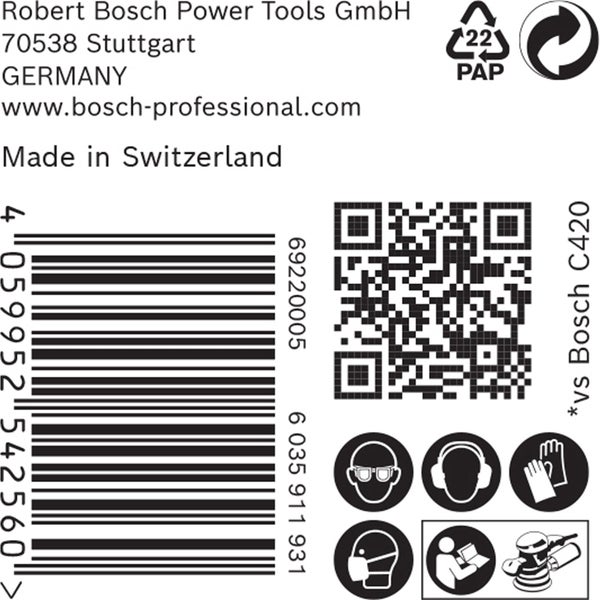 Robert Bosch Power Tools Gesellschaft mit beschränkter Haftung Logo, Papierverpackungssymbol, Recycling Symbol, Barcode, QR Code und Symbole für Augenschutz, Gehörschutz, Handschutz und Atemschutz