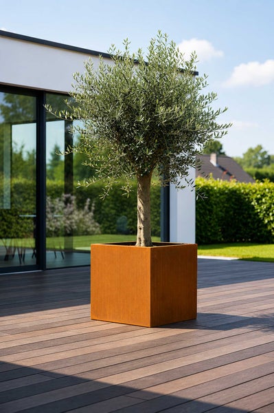 Olivenbaum in einem quadratischen Pflanzkübel aus Cortenstahl auf einer Holzterrasse vor einem modernen Haus.