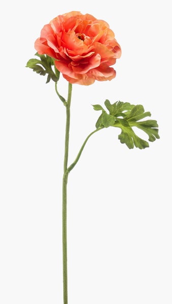 Künstliche Ranunkel in Orange mit Stiel und Blättern.