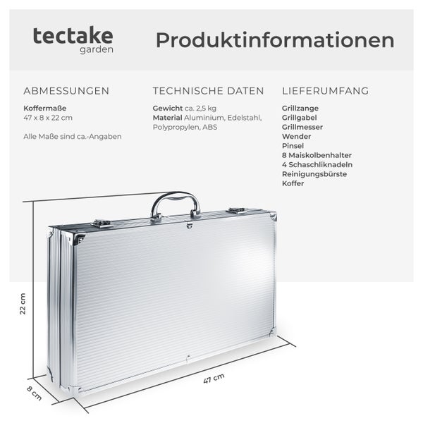 Grillbesteck tectake  inklusive Aluminiumkoffer aus Edelstahl grau
