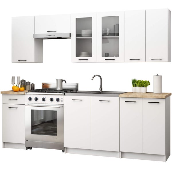 Küchenzeile mit Hängeschränken, Dunstabzugshaube, Spüle, Kochfeld und Backofen