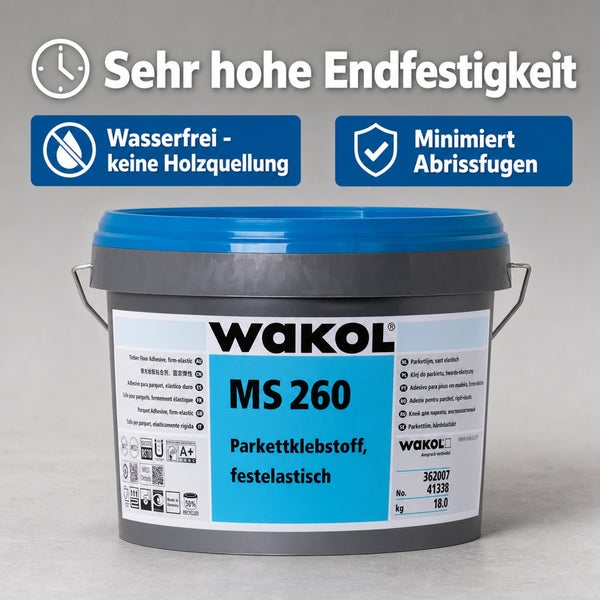 WAKOL MS 260 Parkettklebstoff festelastisch im Eimer 18 Kilogramm fuer sehr hohe Endfestigkeit wasserfrei und ohne Holzquellung