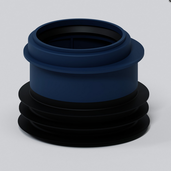 Toilettenanschlussstutzen aus Kunststoff in Blau und Schwarz mit Lamellendichtung für Abflussrohre.