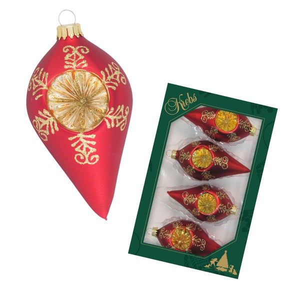 Satin-Rot 10cm Reflextropfen aus Glas mundgeblasen und handdekoriert, 4 Stck., Weihnachtsbaumkugeln, Christbaumschmuck, Weihnachtsbaumanhänger