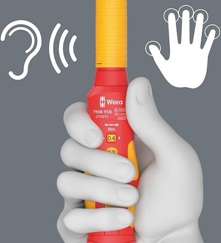 Darstellung eines Drehmoment-Schraubendrehers mit akustischem Signal und Fingermulden zur einfachen Handhabung.
