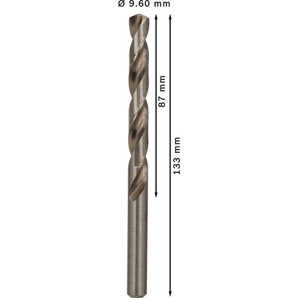 Metallbohrer mit Maßangaben: Durchmesser 9.60 mm, Länge 133 mm