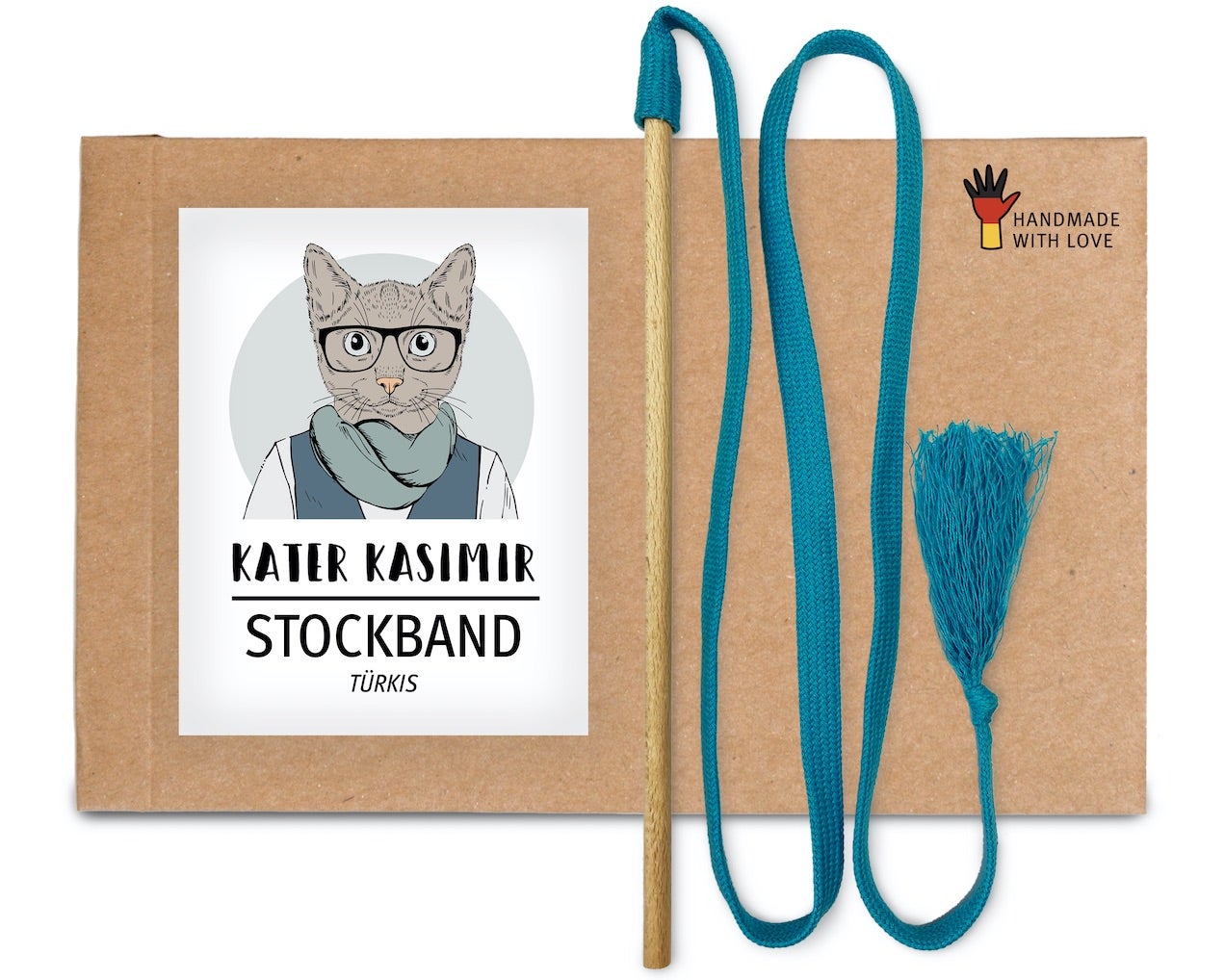 Premium Spielangel für Katzen aus Holz mit Baumwollband (türkis). Diese Katzenangel ist ein robustes Katzenspielzeug