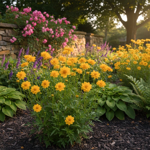 Ein sonniger, gepflegter Garten mit gelben Mädchenaugen, rosa Rosen an einer Steinmauer, lila Salbei, Hostas und dunklem Rindenmulch.