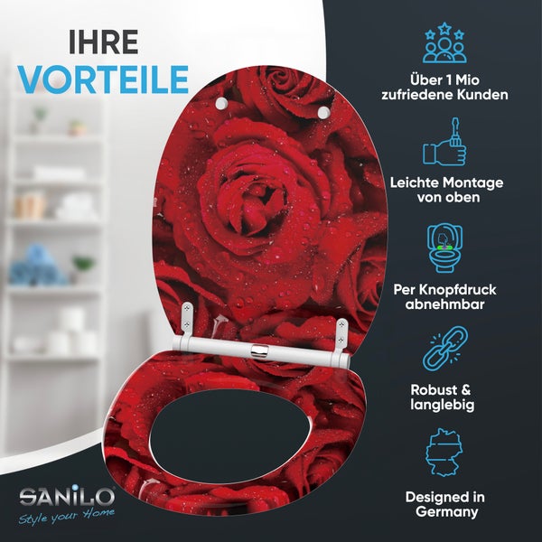 Toilettensitz mit Rosen-Motiv, Sanilo Logo, über 1 Million Kunden, Montage von oben, abnehmbar, robust und langlebig, in Deutschland entworfen.