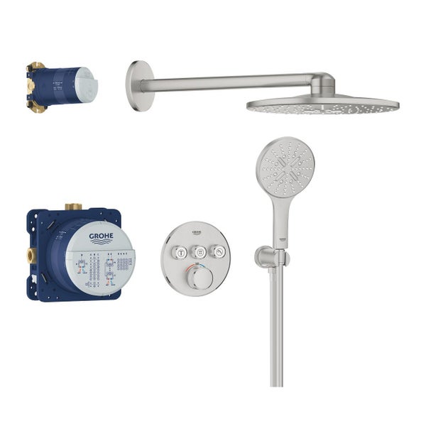 Grohe Unterputz-Duschsystem mit runder Kopfbrause, Handbrause, SmartControl Thermostat und Rapido SmartBox Unterputzkörper.
