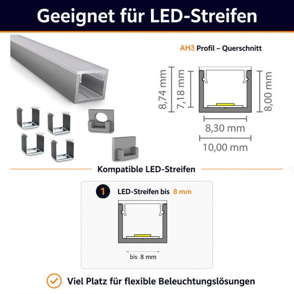 Aluminium LED Profil AH3 für LED Streifen bis 8 Millimeter Breite mit Montagezubehör und Maßskizze für flexible Beleuchtungslösungen.
