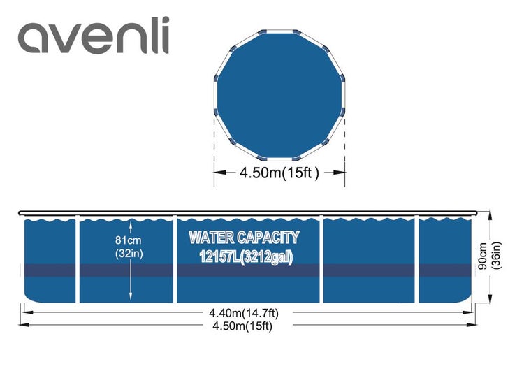 Avenli Pool Maßzeichnung mit den Abmessungen und der Wasserkapazität