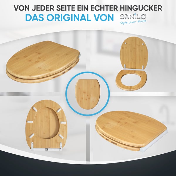 Sanilo WC Sitz aus Bambus in verschiedenen Ansichten für eine optimale Montage und Optik.
