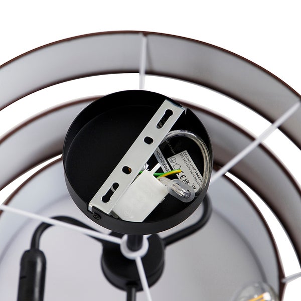 Innenansicht einer Deckenleuchtenhalterung aus Metall mit Montagebügel, Lüsterklemme und Verkabelung.