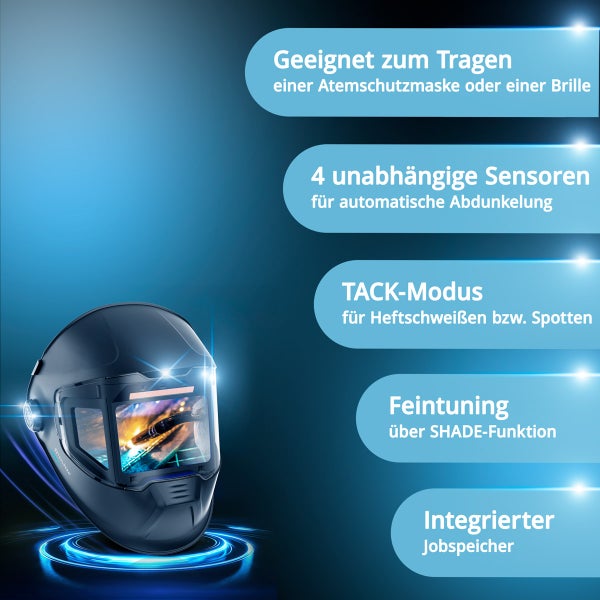 Schweißhelm mit Funktionen zum Tragen von Atemschutzmaske oder Brille, vier unabhängigen Sensoren, TACK-Modus, Feinjustierung über Shade Funktion und integriertem Jobspeicher