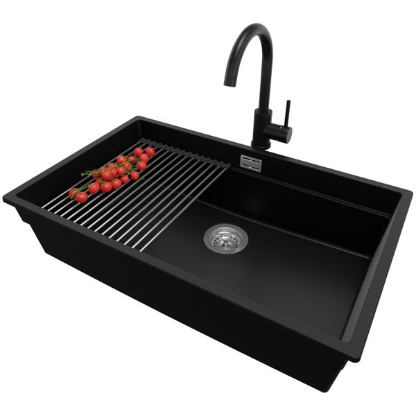 PRIMAGRAN Granitspüle Schwarz 76x47cm, Spülbecken 1 Becken + Küchenarmatur 32x20cm + Ablauf-Set + Aufrollbare Abtropffläche, Küchenspüle ab 80er Unterschrank - Praga Slim