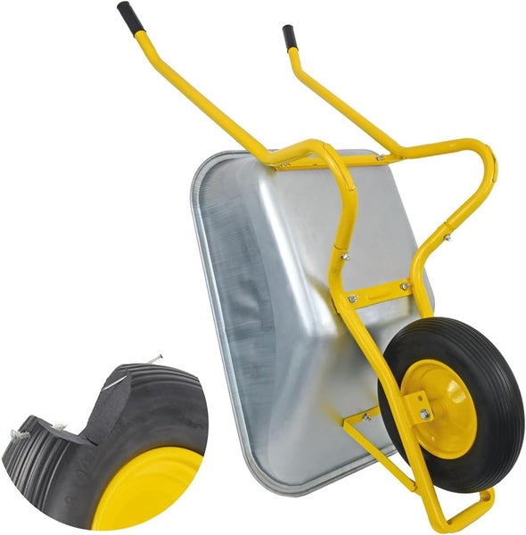 Schubkarre Matrix 100L Stahlmulde 250kg Tragkraft mit pannensicherem PU-Rad – Bauschubkarre für Garten & Bau – Gelb