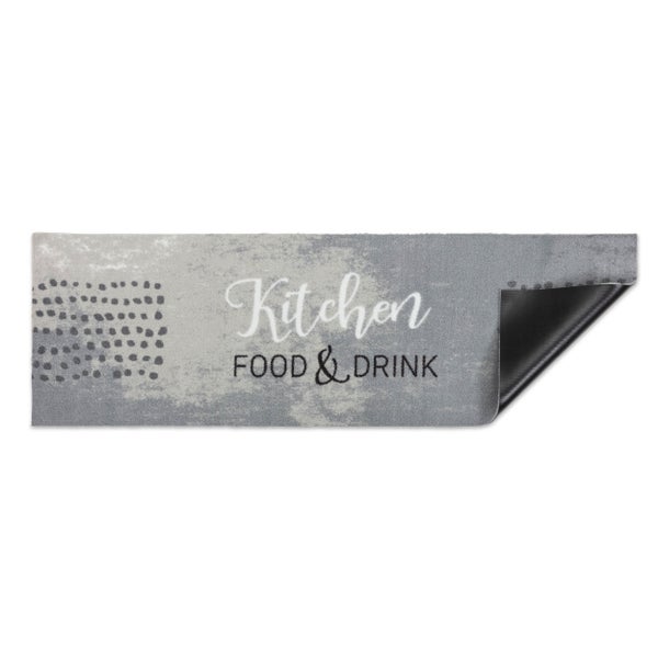 Küchenläufer grau mit Aufschrift Kitchen Food and Drink, rutschhemmende Unterseite.