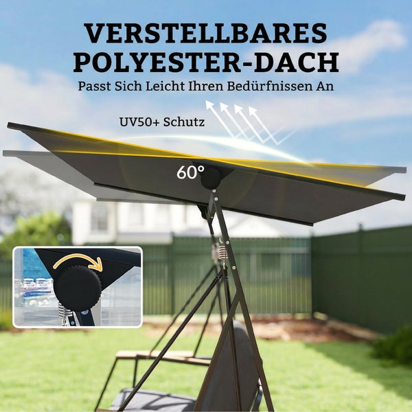 Verstellbares Polyesterdach einer Gartenschaukel mit UV50 plus Schutz und einem Neigungswinkel von bis zu 60 Grad.