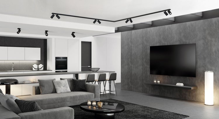 Modernes Wohnzimmer mit Sofa, Teppich, Fernseher und Beleuchtung