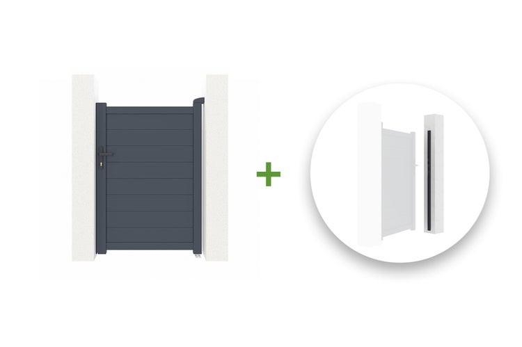 Modernes Gartentor aus anthrazitfarbenen horizontalen Lamellen inklusive Montageschiene.