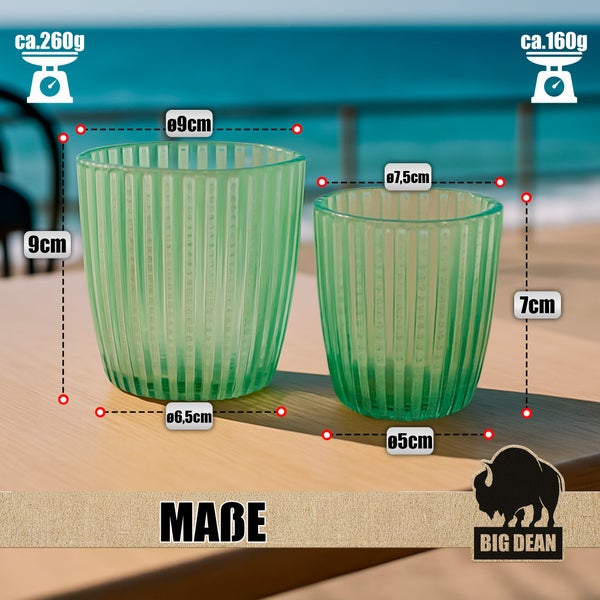 Zwei geriffelte Glas Teelichthalter in unterschiedlichen Größen mit Maßangaben und Big Dean Logo.