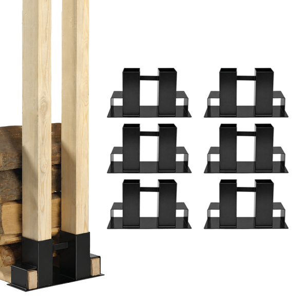 Set von sechs Kaminholzregal Halterungen aus Stahl zur Konstruktion von Brennholzlagerregalen mit Holzpfosten